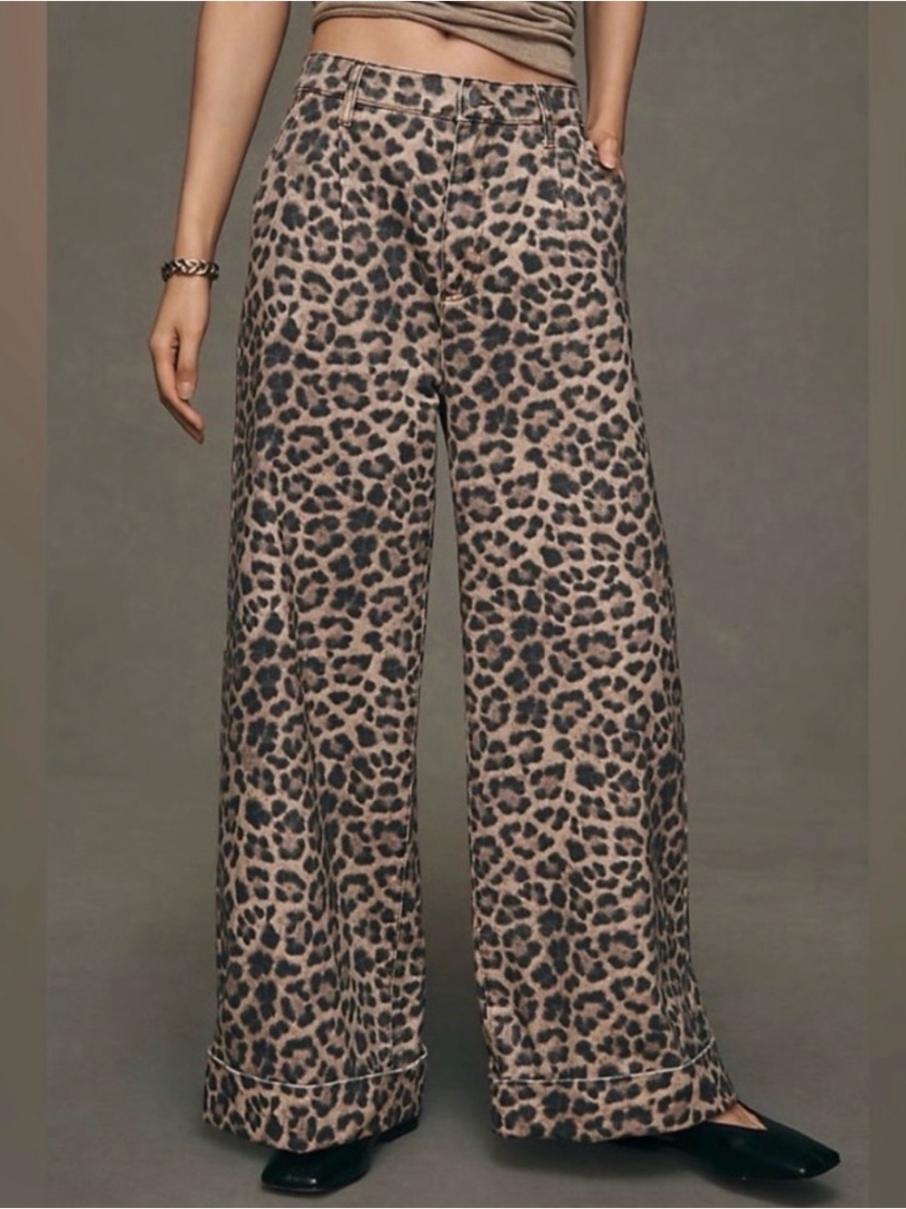Anthropologie Cheetah Leon Double Hem High-Rise Wide-Leg Cuffed Jeans by Pilcro